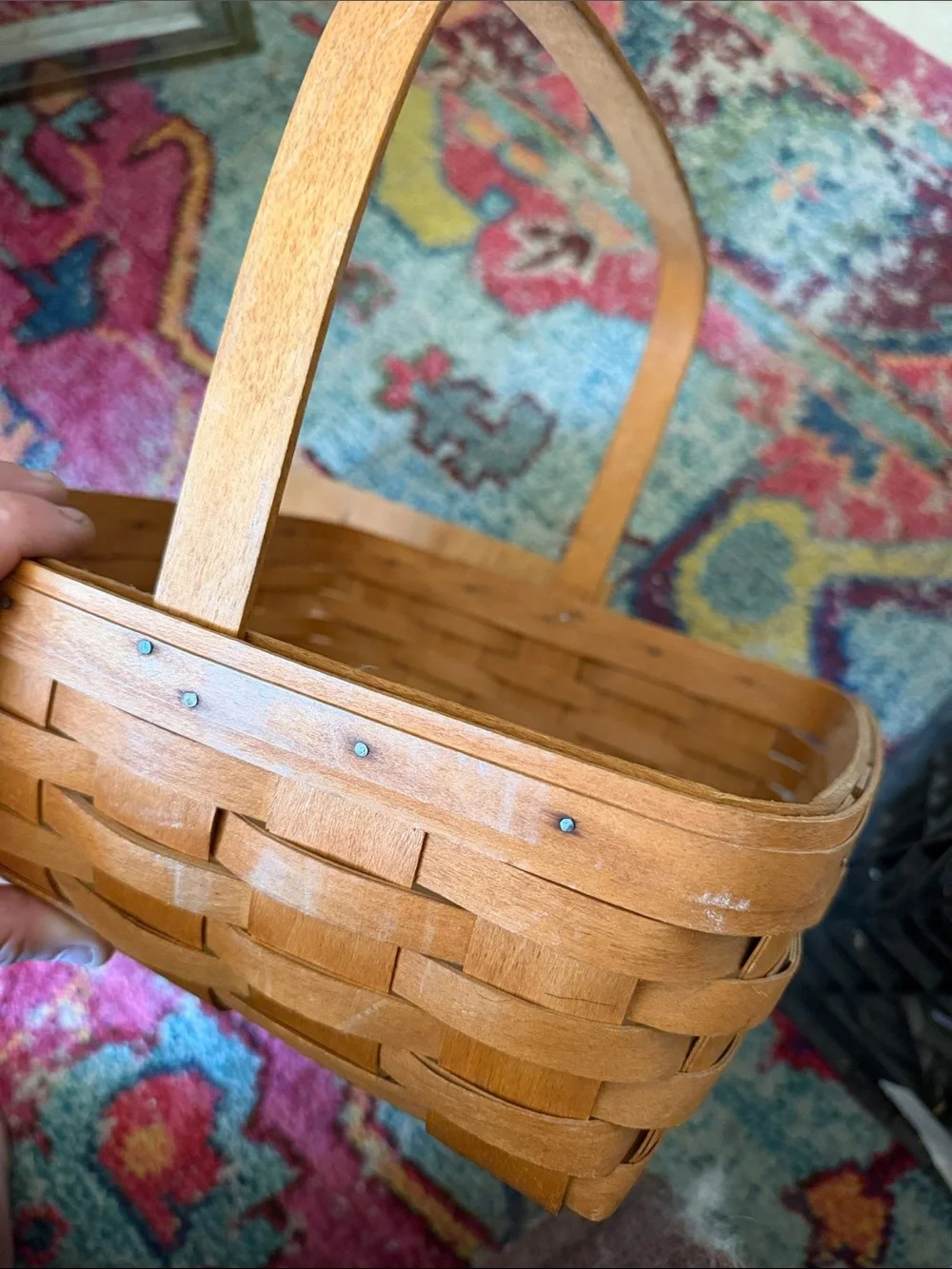 Large Longaberger Natural Brown Woven Basket with Handle and Riser